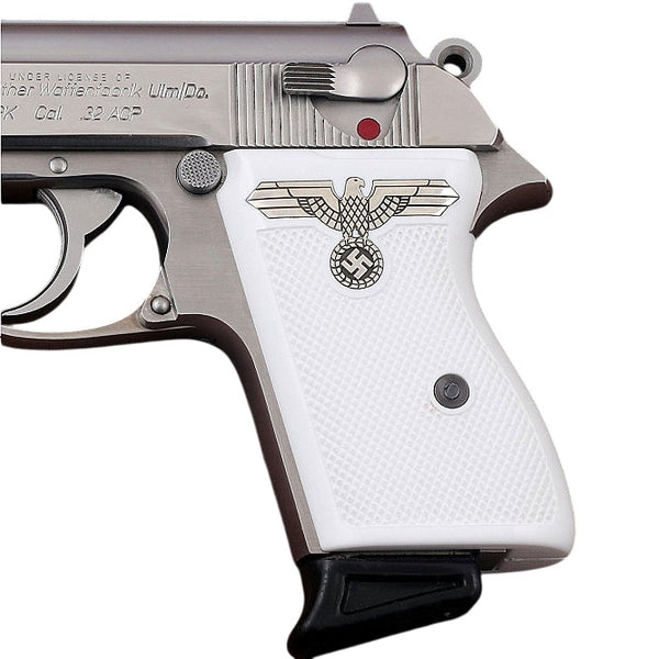 Walther PPK grips made of White Acrylic with custom logo made of  Silver.