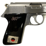 Walther PP grips made of Black Acrylic with custom logo made of silver.